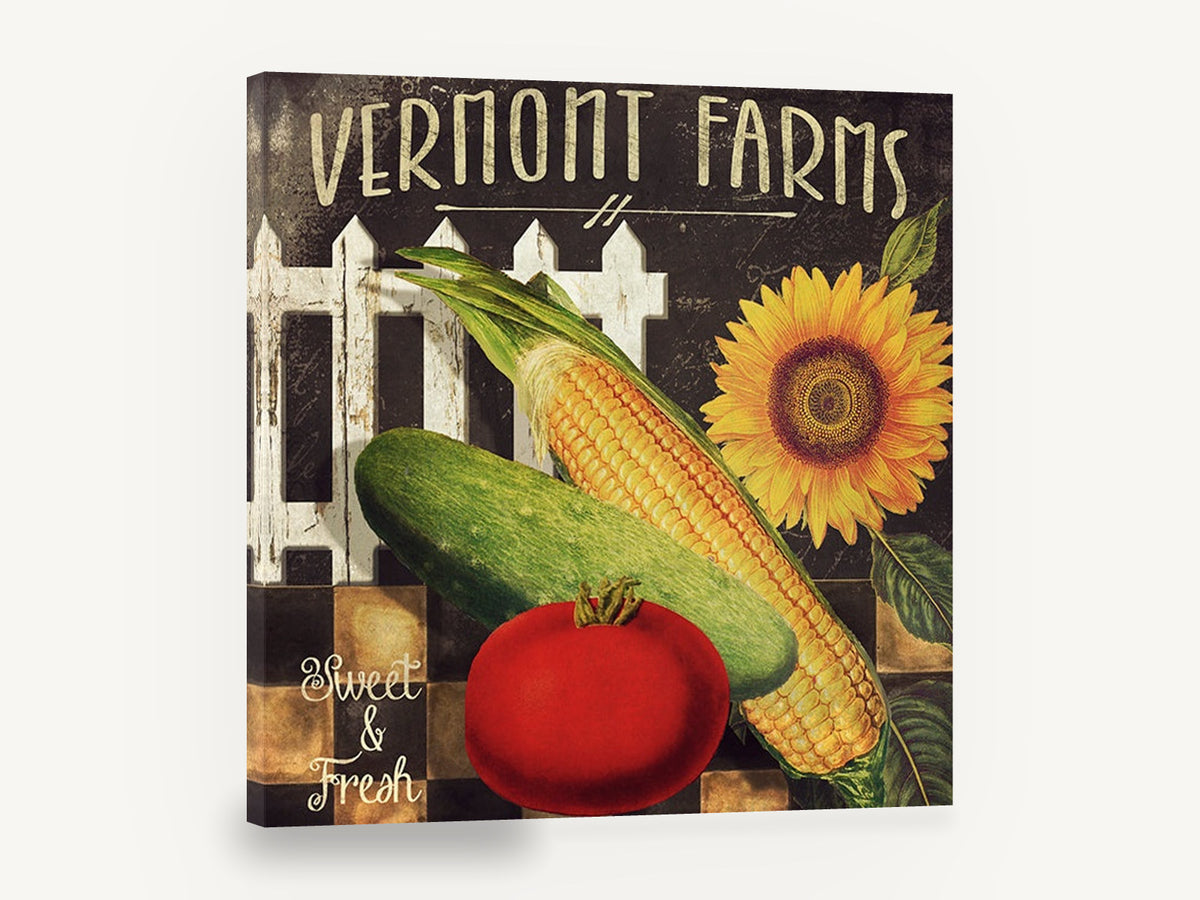 Sweet and Fresh Harvest, farm vegetables sunflower vintage sign, floral canvas wall art print ready to hang