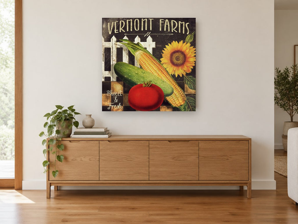 Sweet and Fresh Harvest floral canvas print on the wall of a living room above a sideboard