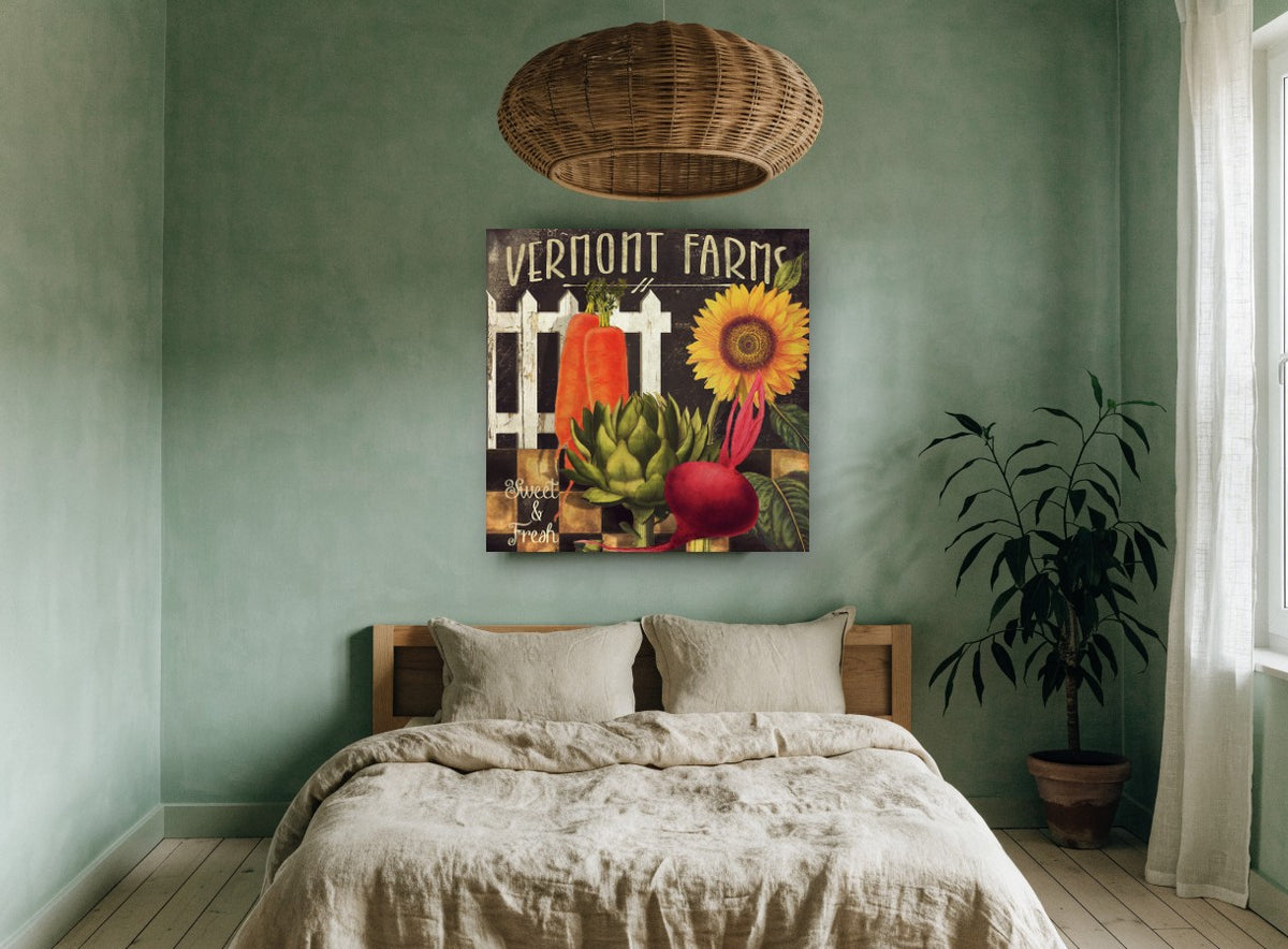 Farmstand Sunflower Harvest floral canvas print on the wall of a bedroom