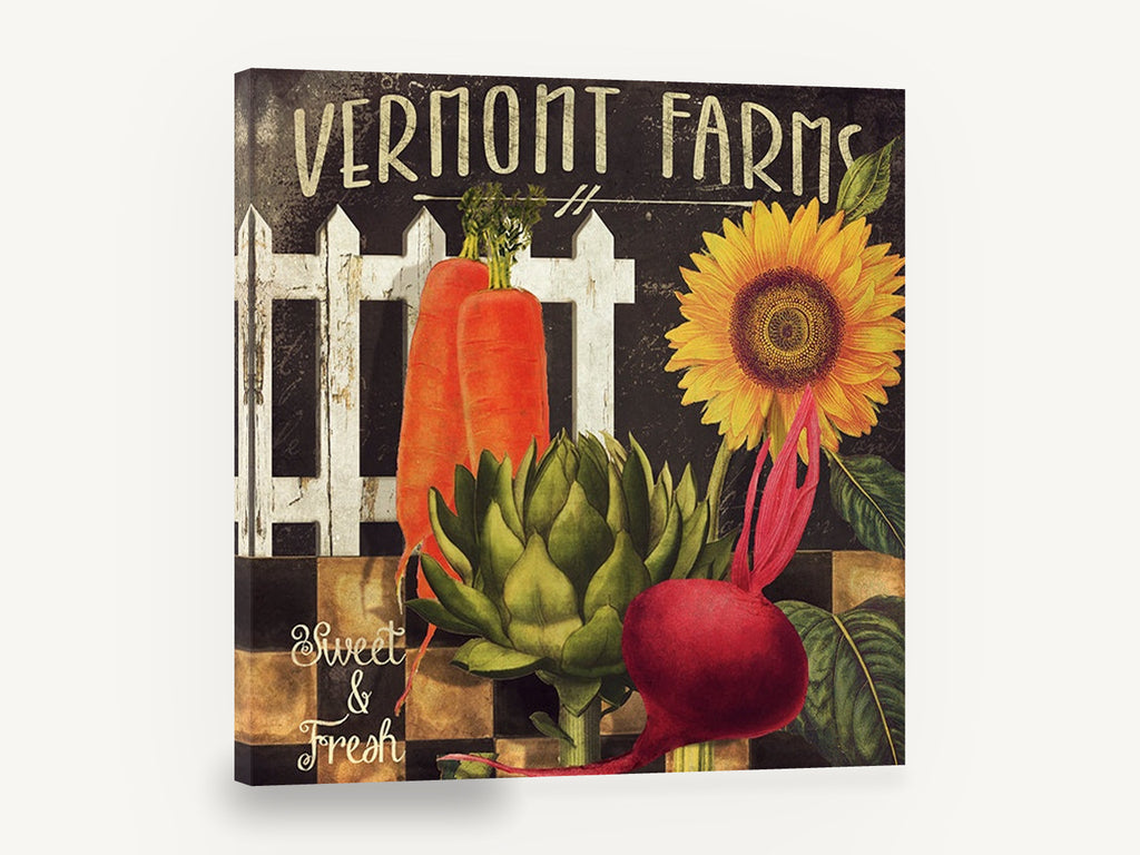 Farmstand Sunflower Harvest, vegetable farm sign sunflower artwork, floral canvas wall art print ready to hang