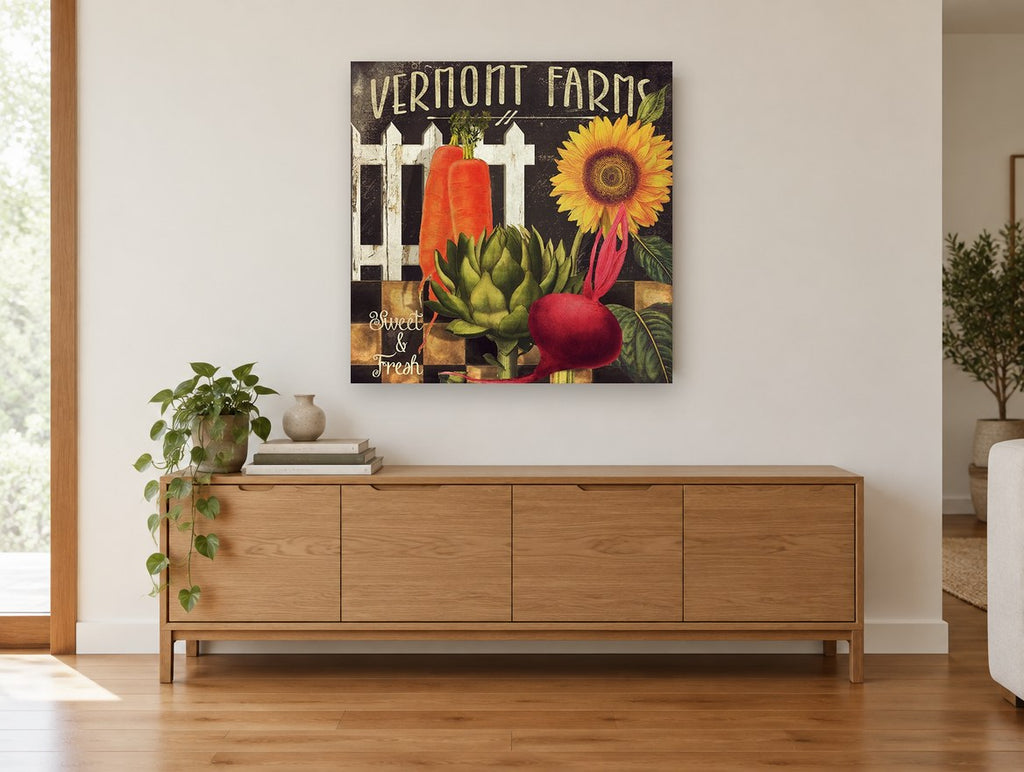Farmstand Sunflower Harvest floral canvas print on the wall of a living room above a sideboard