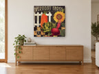 Farmstand Sunflower Harvest floral canvas print on the wall of a living room above a sideboard