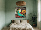 Teal Pigeon Farm Sign floral canvas print on the wall of a bedroom