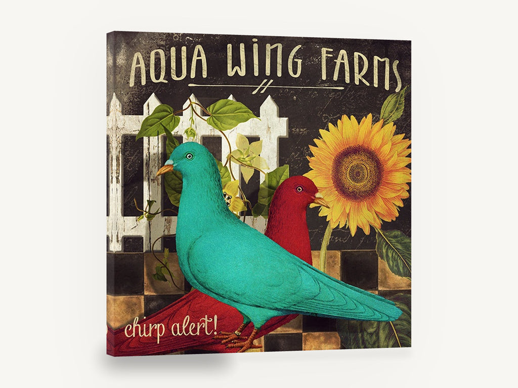 Teal Pigeon Farm Sign, teal and red pigeons sunflower farm poster, floral canvas wall art print ready to hang