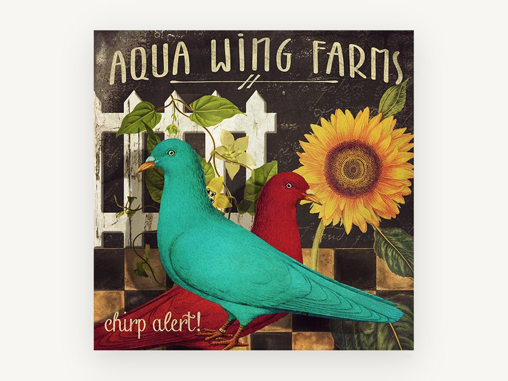 Teal Pigeon Farm Sign, floral canvas wall art print, front view