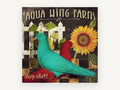 Teal Pigeon Farm Sign, floral canvas wall art print, front view
