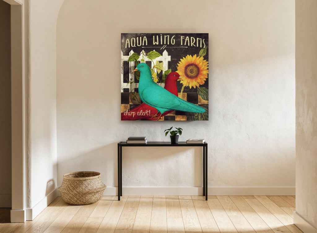 Teal Pigeon Farm Sign floral canvas print on the wall of a hallway