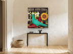 Teal Pigeon Farm Sign floral canvas print on the wall of a hallway