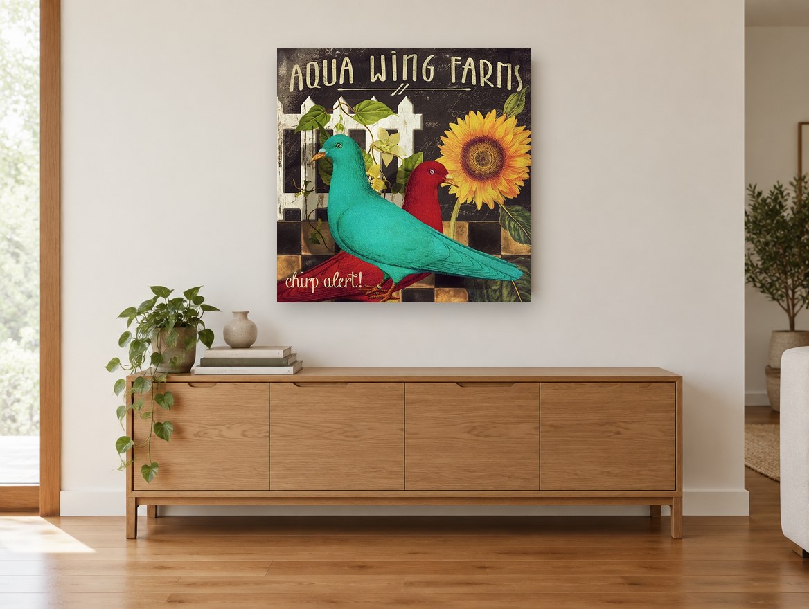 Teal Pigeon Farm Sign floral canvas print on the wall of a living room above a sideboard