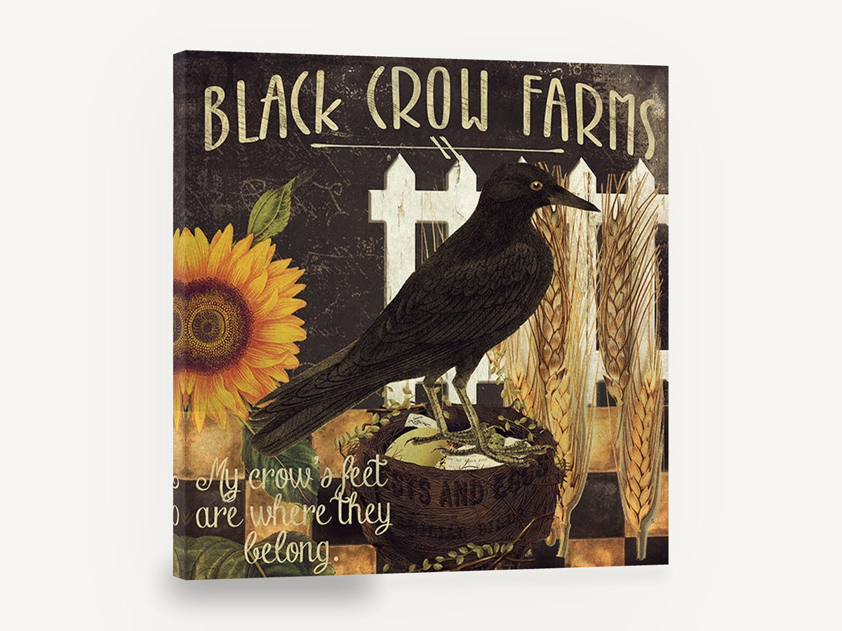 Crow on the Farm, black crow farm sunflower wheat, floral canvas wall art print ready to hang