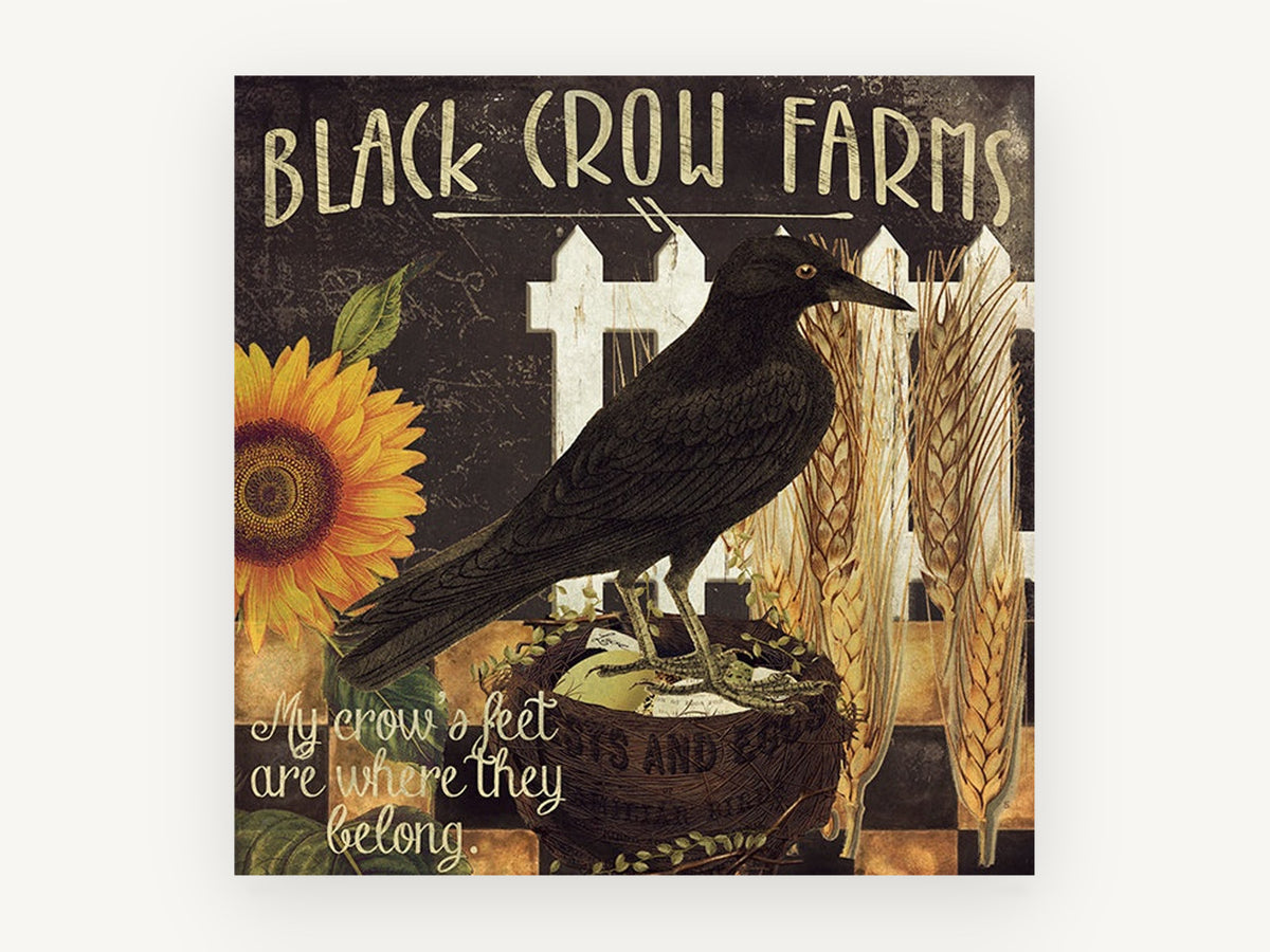 Crow on the Farm, floral canvas wall art print, front view