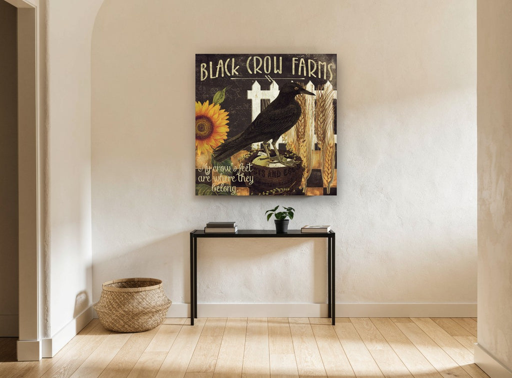 Crow on the Farm floral canvas print on the wall of a hallway