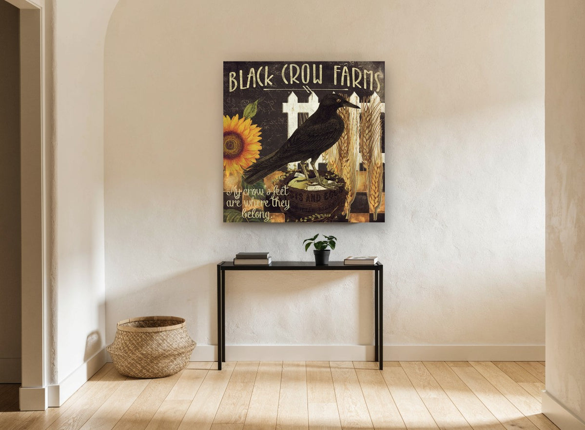 Crow on the Farm floral canvas print on the wall of a hallway