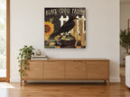 Crow on the Farm floral canvas print on the wall of a living room above a sideboard