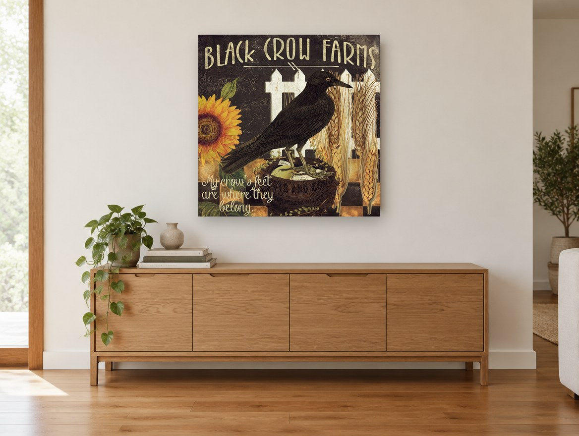 Crow on the Farm floral canvas print on the wall of a living room above a sideboard