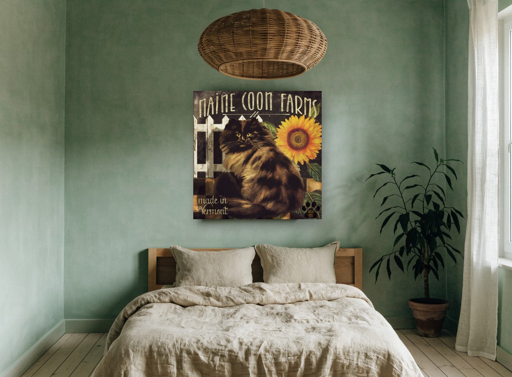 Maine Coon Farm Cat vintage canvas print on the wall of a bedroom