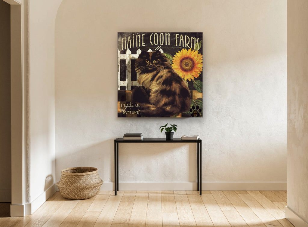 Maine Coon Farm Cat vintage canvas print on the wall of a hallway