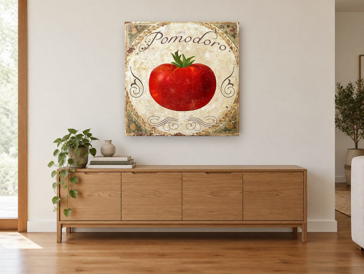 Pomodoro Tomato Tile kitchen canvas print on the wall of a living room above a sideboard