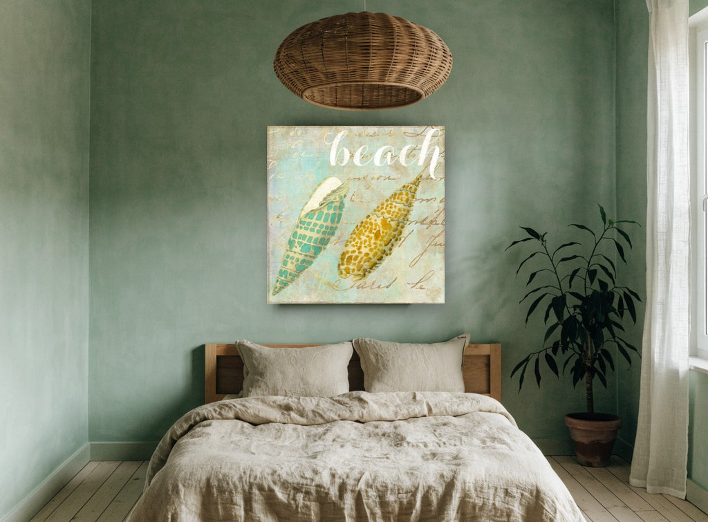 Twin Shells on Script coastal canvas print on the wall of a bedroom