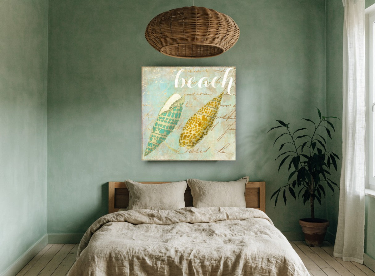 Twin Shells on Script coastal canvas print on the wall of a bedroom