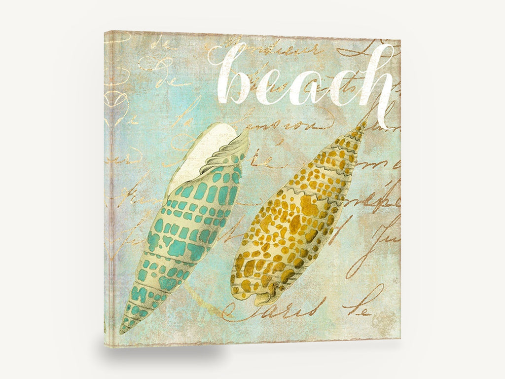 Twin Shells on Script, turquoise and gold seashell, coastal canvas wall art print ready to hang