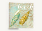 Twin Shells on Script, turquoise and gold seashell, coastal canvas wall art print ready to hang