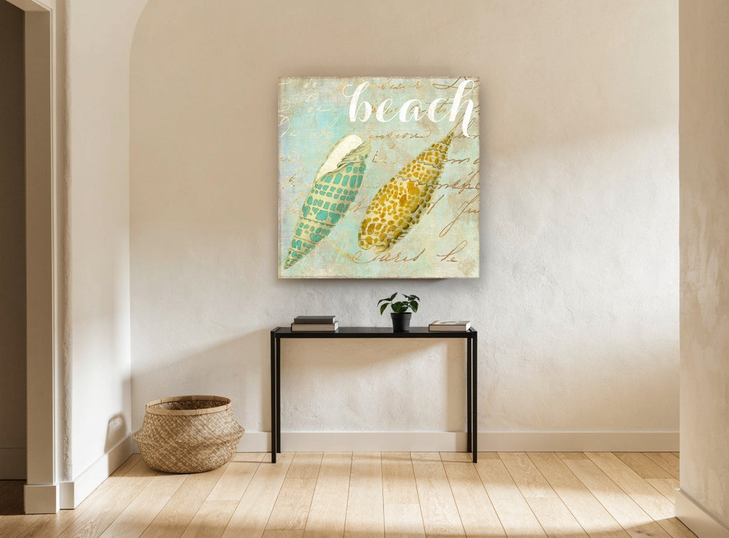 Twin Shells on Script coastal canvas print on the wall of a hallway