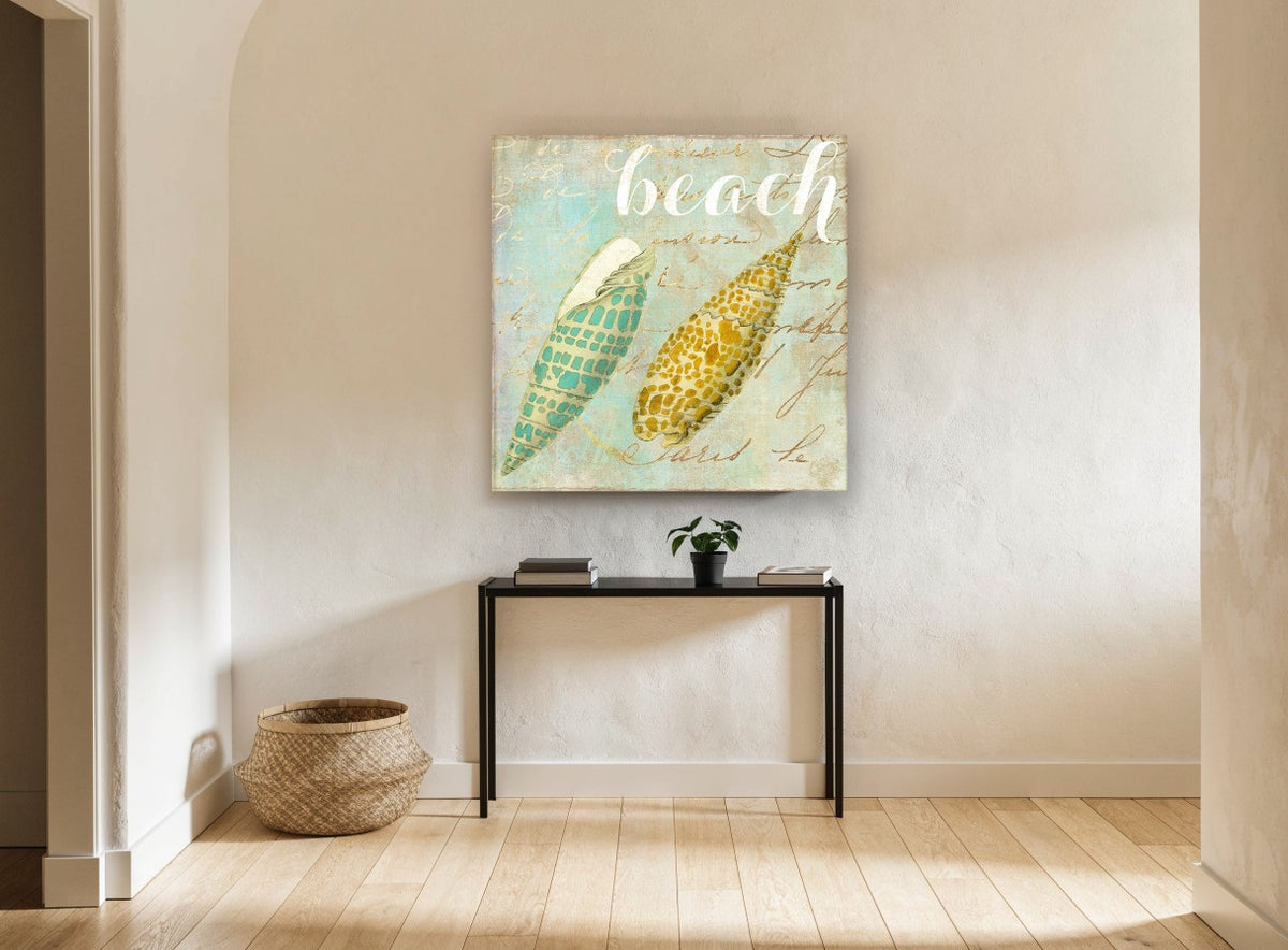 Twin Shells on Script coastal canvas print on the wall of a hallway