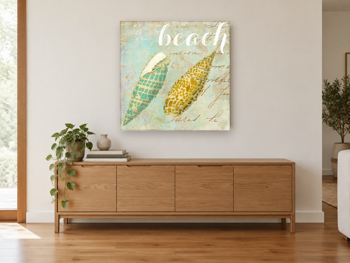 Twin Shells on Script coastal canvas print on the wall of a living room above a sideboard