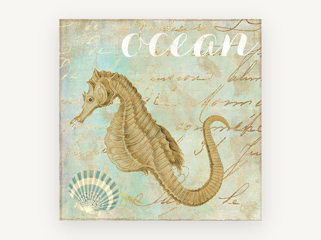 Golden Seahorse Script, coastal canvas wall art print, front view