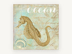 Golden Seahorse Script, coastal canvas wall art print, front view