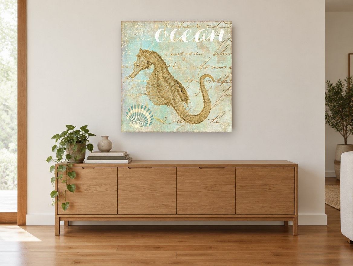 Golden Seahorse Script coastal canvas print on the wall of a living room above a sideboard