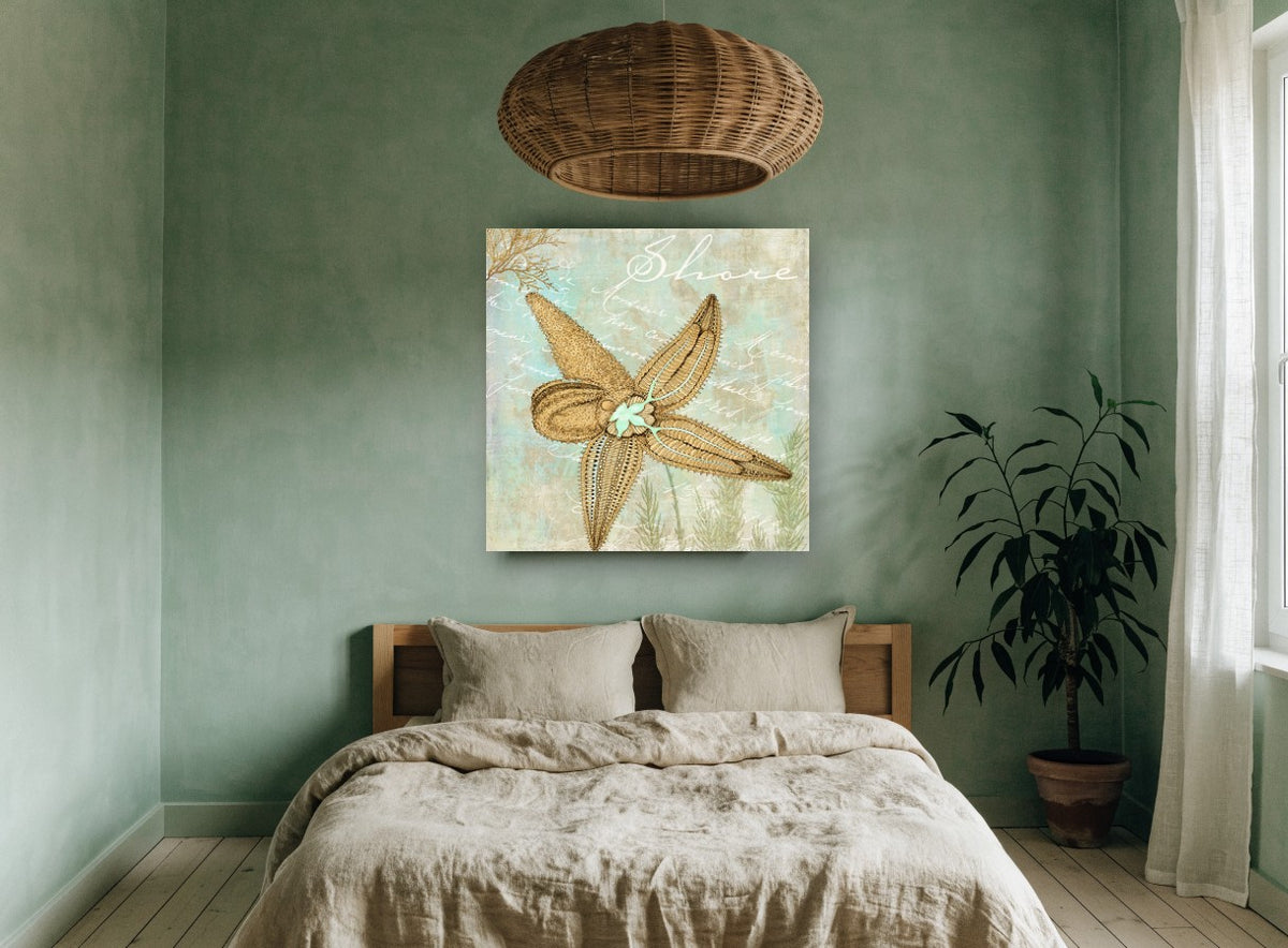 Starfish Shore Script coastal canvas print on the wall of a bedroom