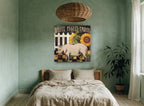 Farmyard Pig and Sunflowers floral canvas print on the wall of a bedroom
