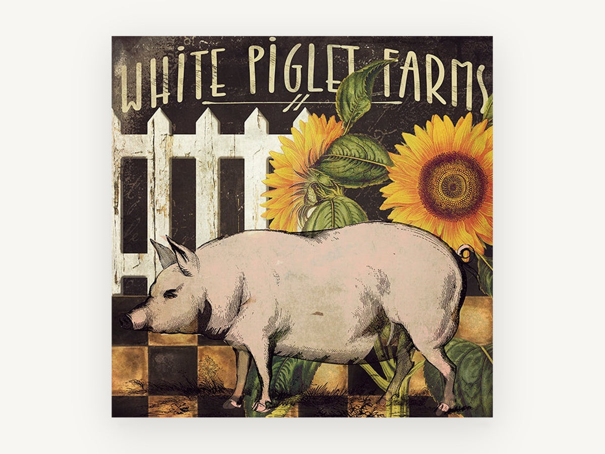 Farmyard Pig and Sunflowers, floral canvas wall art print, front view