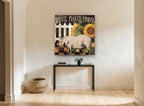 Farmyard Pig and Sunflowers floral canvas print on the wall of a hallway