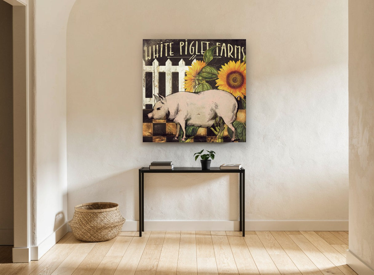Farmyard Pig and Sunflowers floral canvas print on the wall of a hallway