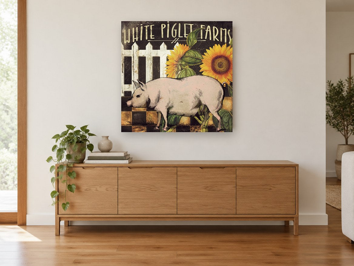 Farmyard Pig and Sunflowers floral canvas print on the wall of a living room above a sideboard
