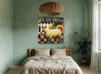 Handspun Sheep and Sunflowers floral canvas print on the wall of a bedroom