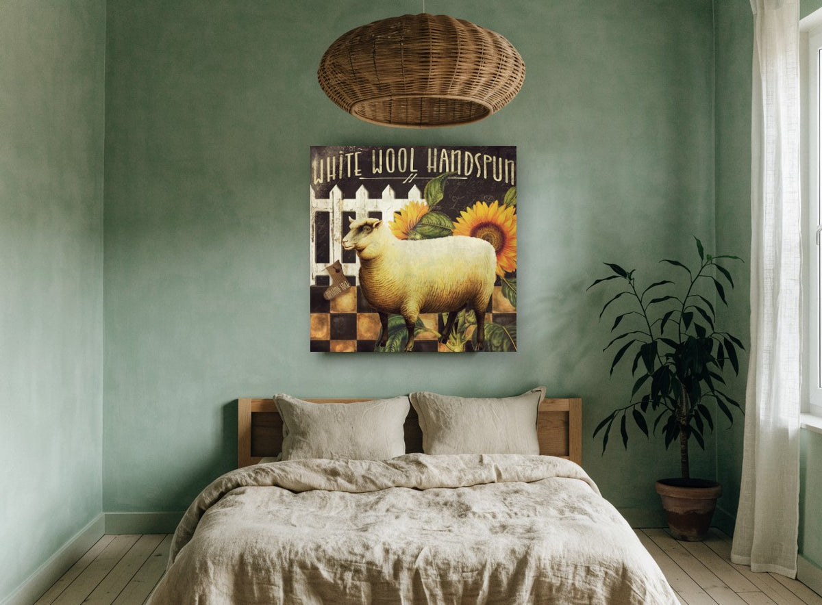 Handspun Sheep and Sunflowers floral canvas print on the wall of a bedroom