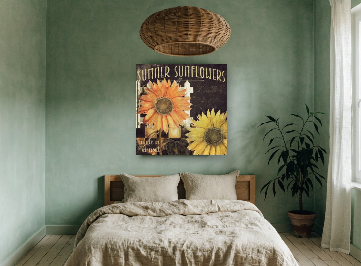 Vermont Sunflower Fence floral canvas print on the wall of a bedroom