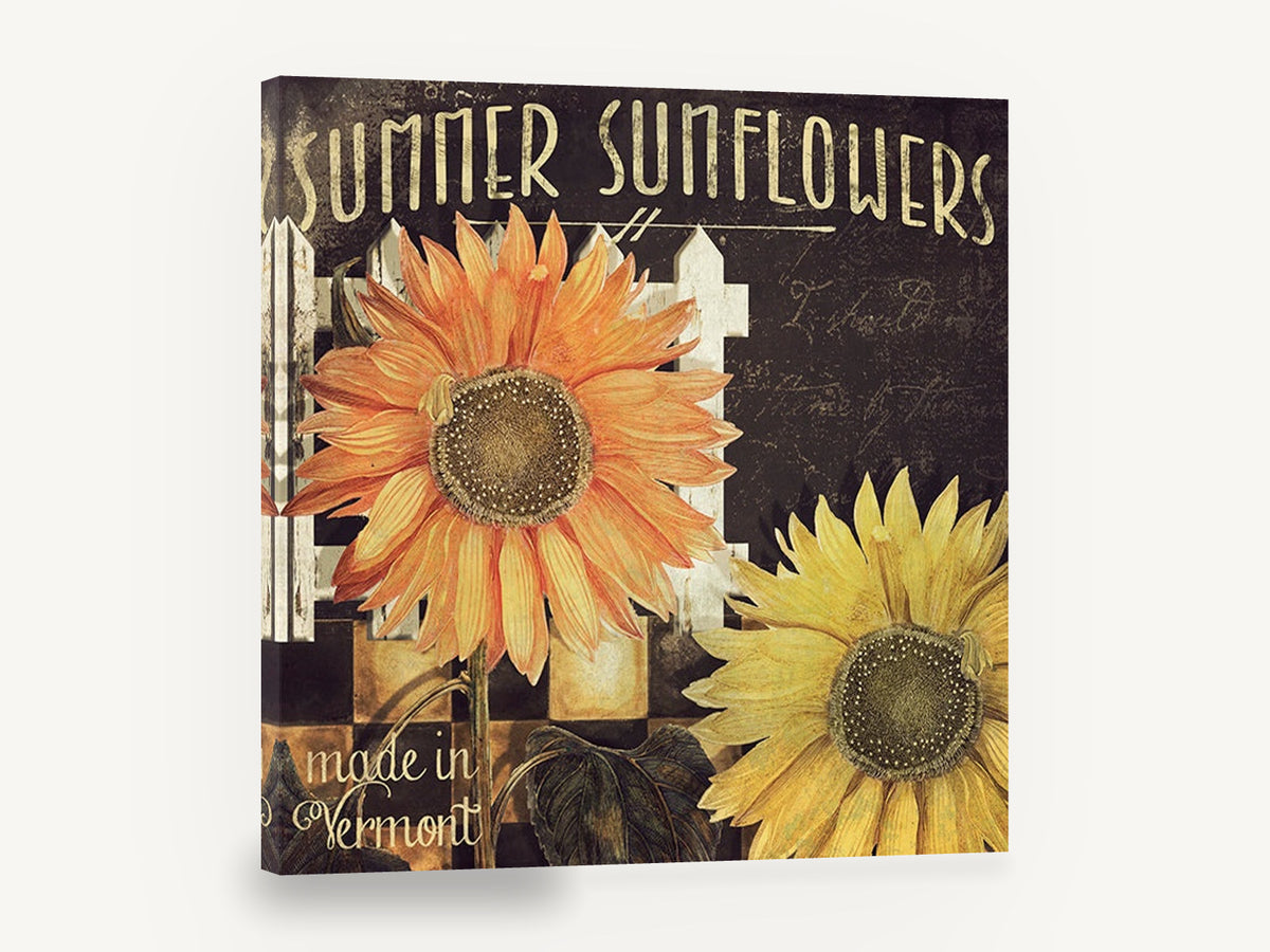 Vermont Sunflower Fence, summer sunflowers vintage typography floral, floral canvas wall art print ready to hang