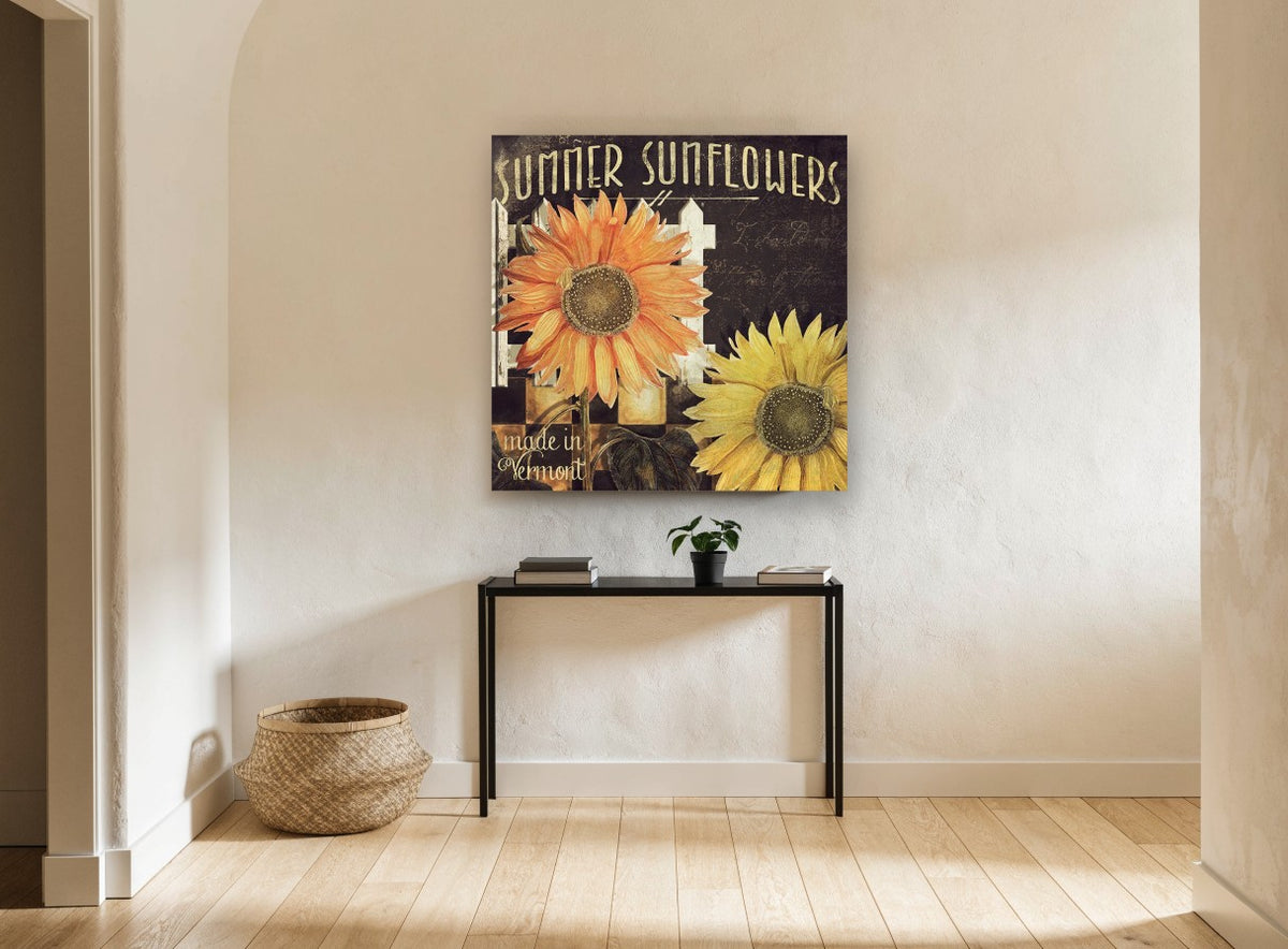 Vermont Sunflower Fence floral canvas print on the wall of a hallway