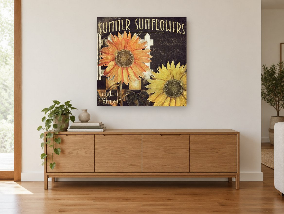 Vermont Sunflower Fence floral canvas print on the wall of a living room above a sideboard