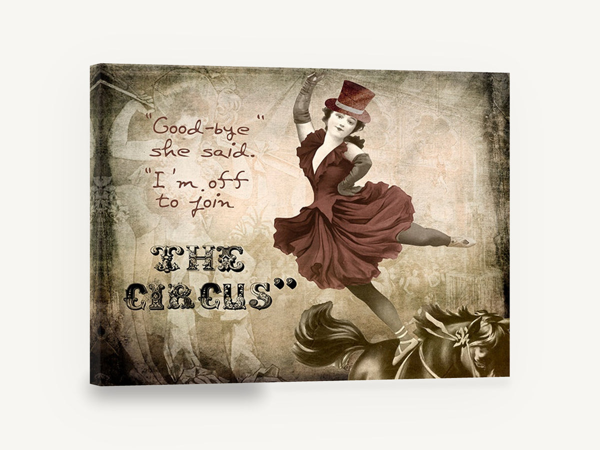 Off to the Circus, vintage circus performer typography, stretched canvas wall art print ready to hang