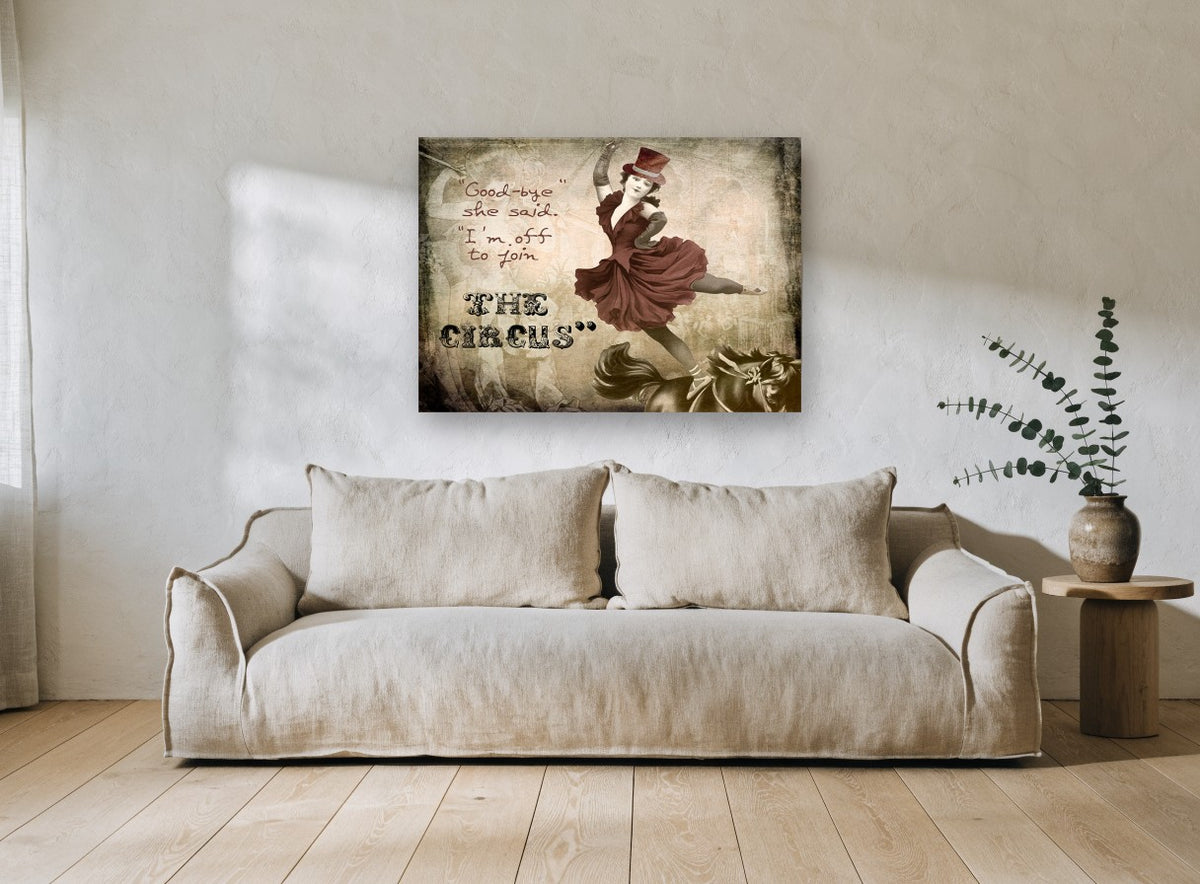 Off to the Circus vintage canvas print on the wall of a living room