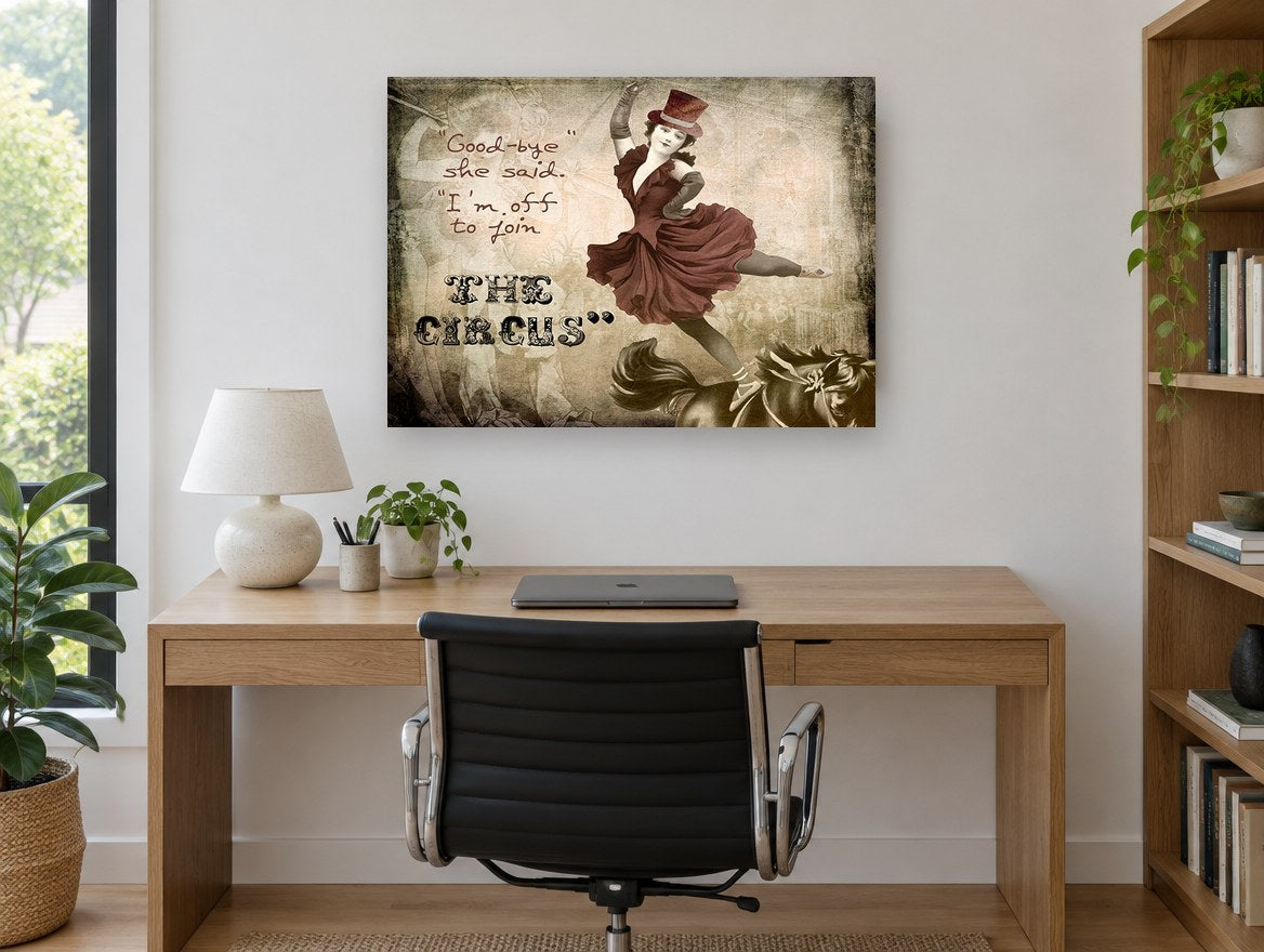 Off to the Circus vintage canvas print on the wall of a study