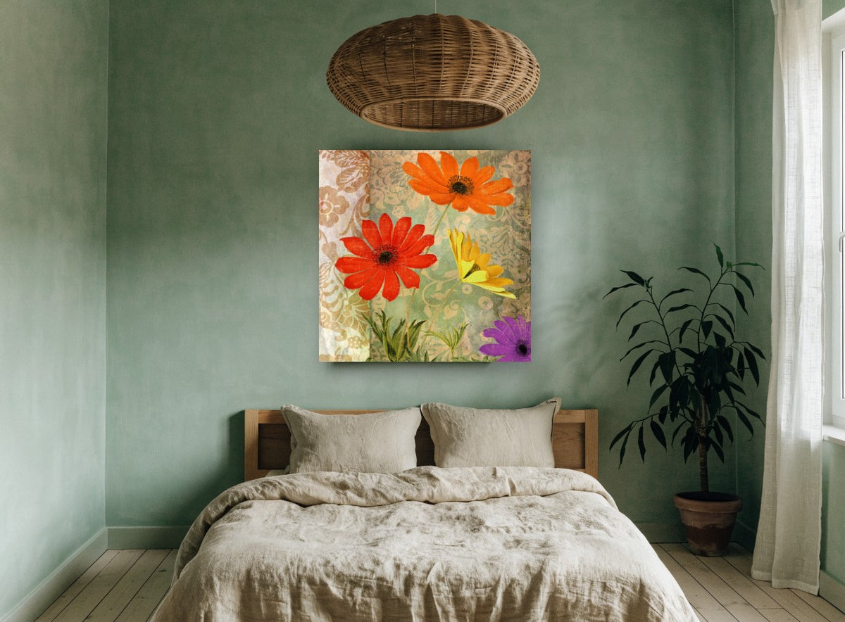 Fiesta Damask Blooms floral canvas print on the wall of a bedroom