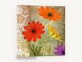 Fiesta Damask Blooms, orange red daisy flowers damask pattern, floral canvas wall art print ready to hang