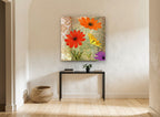 Fiesta Damask Blooms floral canvas print on the wall of a hallway